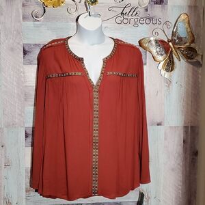 Signature Studio Brick Red Long Sleeve Gauze BoHo VNeck Blouse $50 Sz 2X 623